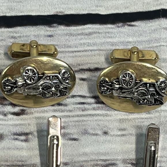 Vintage Set of 4 Mens Cufflinks Antique Cars Circles Mother of Pearl Gold Silver - Picture 5 of 10